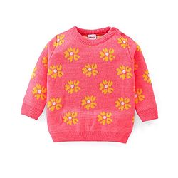 Babyhug Knitted Full Sleeves Baby Sweater Set with Floral Design - Peach