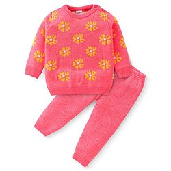 Babyhug Knitted Full Sleeves Baby Sweater Set with Floral Design - Peach
