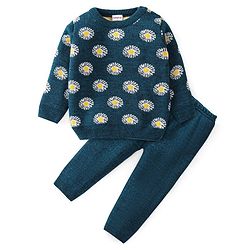 Babyhug Knitted Full Sleeves Baby Sweater Set with Floral Design - Navy Blue