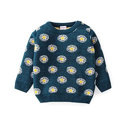 Babyhug Knitted Full Sleeves Baby Sweater Set with Floral Design - Navy Blue