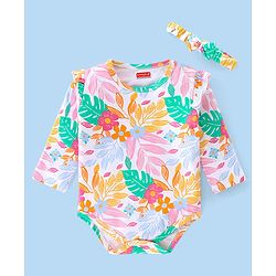 Babyhug 100% Cotton Knit Full Sleeves Onesie with Head Band Floral Print - Multicolour