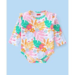 Babyhug 100% Cotton Knit Full Sleeves Onesie with Head Band Floral Print - Multicolour
