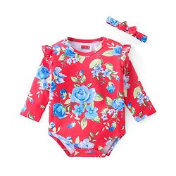 Babyhug 100% Cotton Full Sleeves  Onesie with Head Band Floral Print - Red