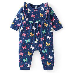 Babyhug 100% Cotton Full Sleeves Romper With Butterfly Print - Navy Blue
