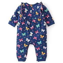 Babyhug 100% Cotton Full Sleeves Romper With Butterfly Print - Navy Blue