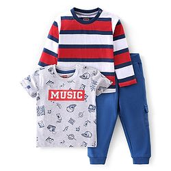 Babyhug 100% Cotton Knit Half & Full Sleeves T-Shirt & Lounge Pant With Text Print - Grey Red & Blue
