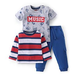 Babyhug 100% Cotton Knit Half & Full Sleeves T-Shirt & Lounge Pant With Text Print - Grey Red & Blue