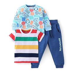 Babyhug 100% Cotton Terry Knit Half & Full Sleeves T-Shirt & Lounge Pant Stripes & Penguin Print - Yellow Red & Blue
