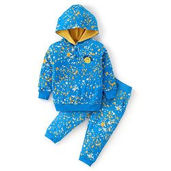 Babyhug 100% Cotton Knit Full Sleeves Hooded T-Shirt & Lounge Pant Set Emoji Print - Blue