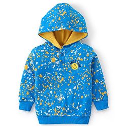 Babyhug 100% Cotton Knit Full Sleeves Hooded T-Shirt & Lounge Pant Set Emoji Print - Blue