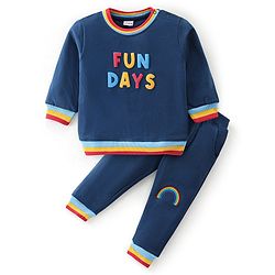 Babyhug 100% Cotton Knit Full Sleeves T-Shirt & Lounge Pant With Text Print - Blue