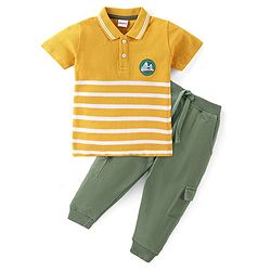Babyhug 100% Cotton Knit Half Sleeves Striped T-Shirt and Lounge Pant - Green & Yellow