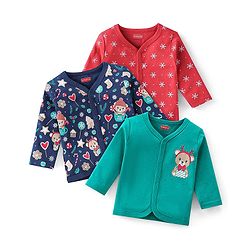 Babyhug 100% Cotton Full Sleeves Front Open Vests Reindeer & Christmas Print Pack of 3- Blue Green & Red