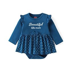 Babyhug 100% Cotton Interlock Knit Full Sleeves Onesie Polka Dot & Text Print - Navy Blue