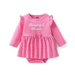 Babyhug 100% Cotton Interlock Knit Full Sleeves Onesie Polka Dot & Text Print - Pink