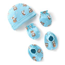 Babyhug 100% Cotton Knit Cap Mittens & Booties With Squirrel Print - Blue