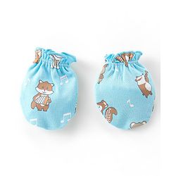Babyhug 100% Cotton Knit Cap Mittens & Booties With Squirrel Print - Blue