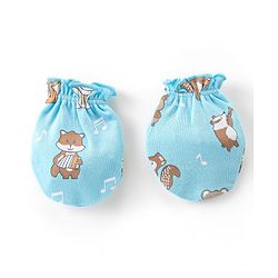 Babyhug 100% Cotton Knit Cap Mittens & Booties With Squirrel Print - Blue