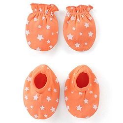 Babyhug 100% Cotton Knit Stars Printed Mittens & Booties Set - Orange
