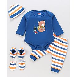 Babyhug 100% Cotton Full Sleeves Onesie with Lounge Pant Bear Print - Blue