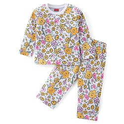 Babyhug Cotton Knit Full Sleeves Night Suit With Floral Print - White
