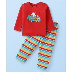 Babyhug Cotton Knit Full Sleeves Night Suit With Animal Print & Striped - Red