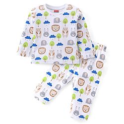 Babyhug Cotton Knit Full Sleeves Night Suit With Animals Print - White & Blue