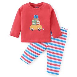 Babyhug Cotton Knit Full Sleeves Night Suit With Car Print - Red