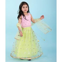 Babyhug Sleeveless Embroidered Choli with Net Embroidered Lehenga and Dupatta Set - Lime & Pink