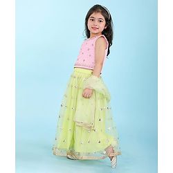Babyhug Sleeveless Embroidered Choli with Net Embroidered Lehenga and Dupatta Set - Lime & Pink