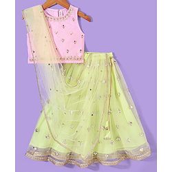 Babyhug Sleeveless Embroidered Choli with Net Embroidered Lehenga and Dupatta Set - Lime & Pink