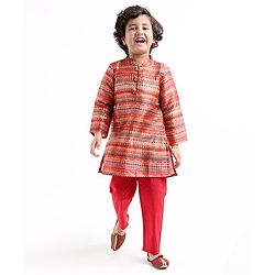Babyhug Full Sleeves Printed Dhari Kurta with Pyjama Set  - Rust