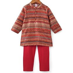 Babyhug Full Sleeves Printed Dhari Kurta with Pyjama Set  - Rust