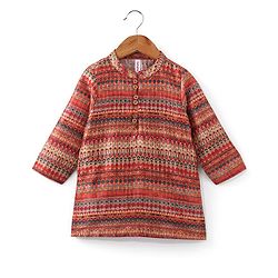 Babyhug Full Sleeves Printed Dhari Kurta with Pyjama Set  - Rust