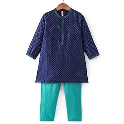 Babyhug Full Sleeves Lurex Butti Embroidered Kurta Pyjama Set - Teal Blue
