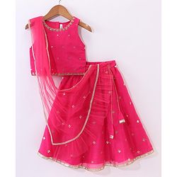 Babyhug Sleeveless Chanderi Embroidered Top & Tiered Lehenga with Lace Border Dupatta - Fuschia