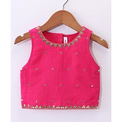 Babyhug Sleeveless Chanderi Embroidered Top & Tiered Lehenga with Lace Border Dupatta - Fuschia