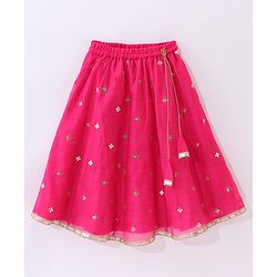 Babyhug Sleeveless Chanderi Embroidered Top & Tiered Lehenga with Lace Border Dupatta - Fuschia
