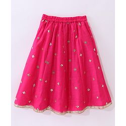 Babyhug Sleeveless Chanderi Embroidered Top & Tiered Lehenga with Lace Border Dupatta - Fuschia