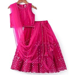 Babyhug Sleeveless Net Mirror Emroidered Lehenga Choli Set with Dupatta  -Fuschia