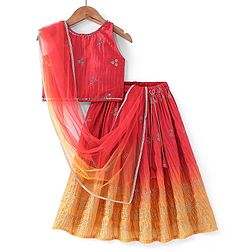 Babyhug Sleeveless Ombray Embroidered Pleated Lehenga Choli and Dupatta Set -Red & Mustard