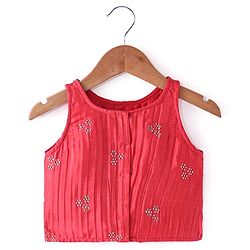 Babyhug Sleeveless Ombray Embroidered Pleated Lehenga Choli and Dupatta Set -Red & Mustard
