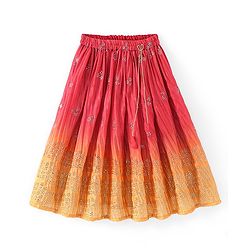 Babyhug Sleeveless Ombray Embroidered Pleated Lehenga Choli and Dupatta Set -Red & Mustard