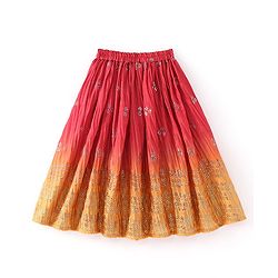 Babyhug Sleeveless Ombray Embroidered Pleated Lehenga Choli and Dupatta Set -Red & Mustard