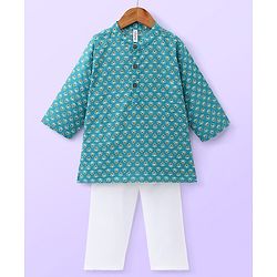 Babyhug Cotton Woven Full Sleeves All Over Printed  Kurta Pajama Set - Blue