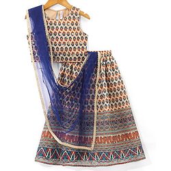 Babyhug Sleeveless Printed Choli with Sequenced Lehenga and Dupatta Set - Beige