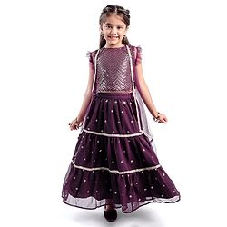 Babyhug Sleeveless  Sequin Embroidered Choli with Lehenga and Jacket with Frill Design- Violet