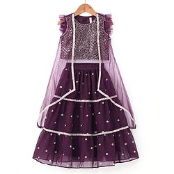 Babyhug Sleeveless  Sequin Embroidered Choli with Lehenga and Jacket with Frill Design- Violet