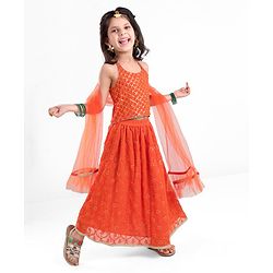 Babyhug Sleeveless Halter Neck Embroidered Choli Lehenga and Dupatta Set - Rust