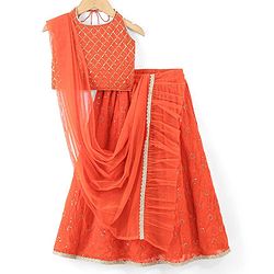Babyhug Sleeveless Halter Neck Embroidered Choli Lehenga and Dupatta Set - Rust